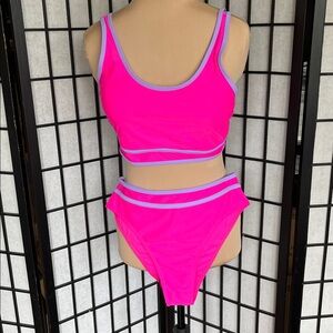 Moshu Bright Pink Two-Piece Bikini with Lavender Trim L